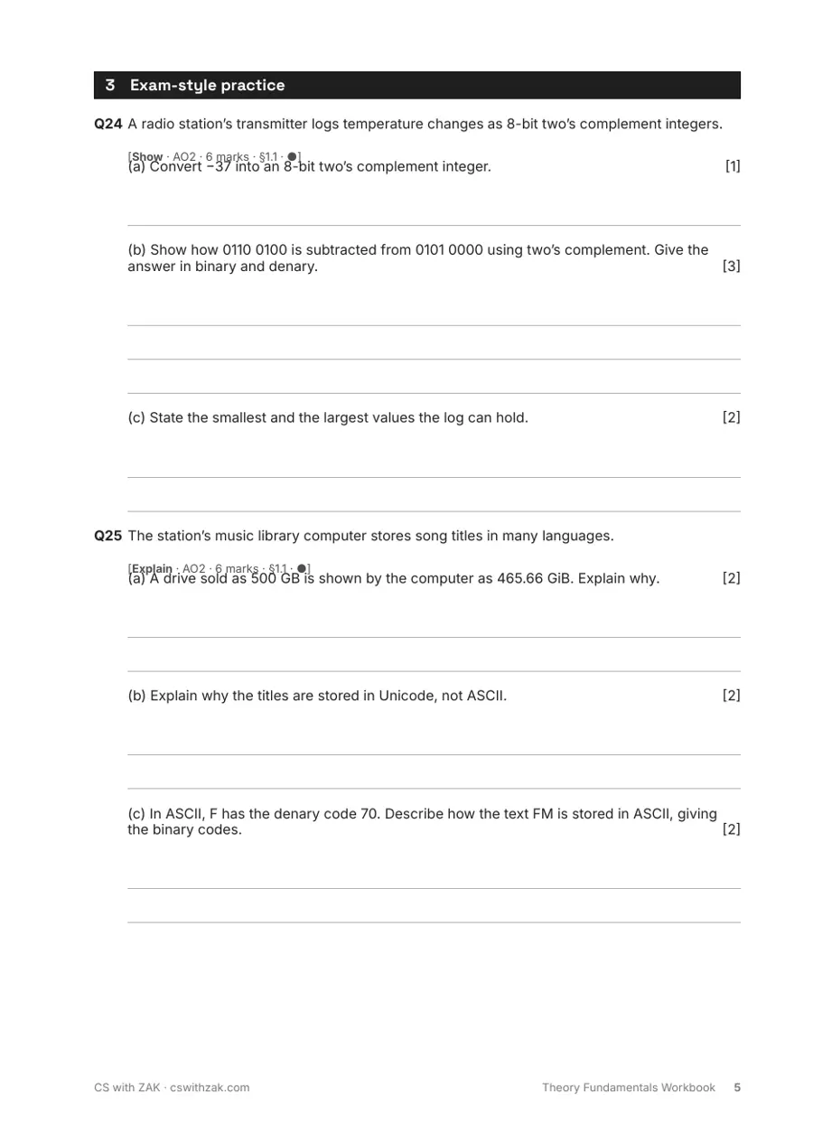 Workbook page: exam-style questions on two's complement and character sets with answer lines sized to the marks