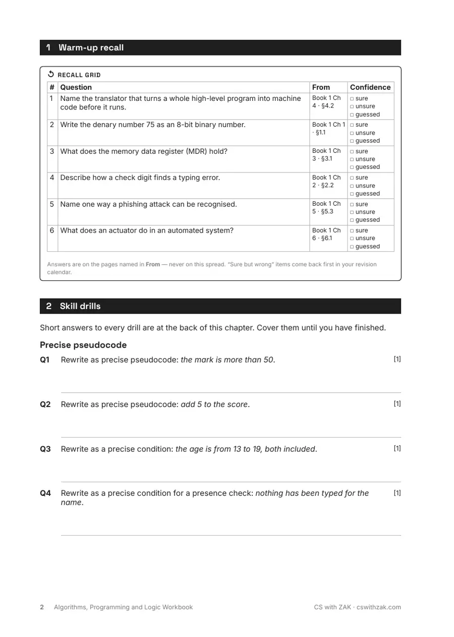 Workbook page: a recall grid with a confidence column, then skill drills that ask for precise pseudocode